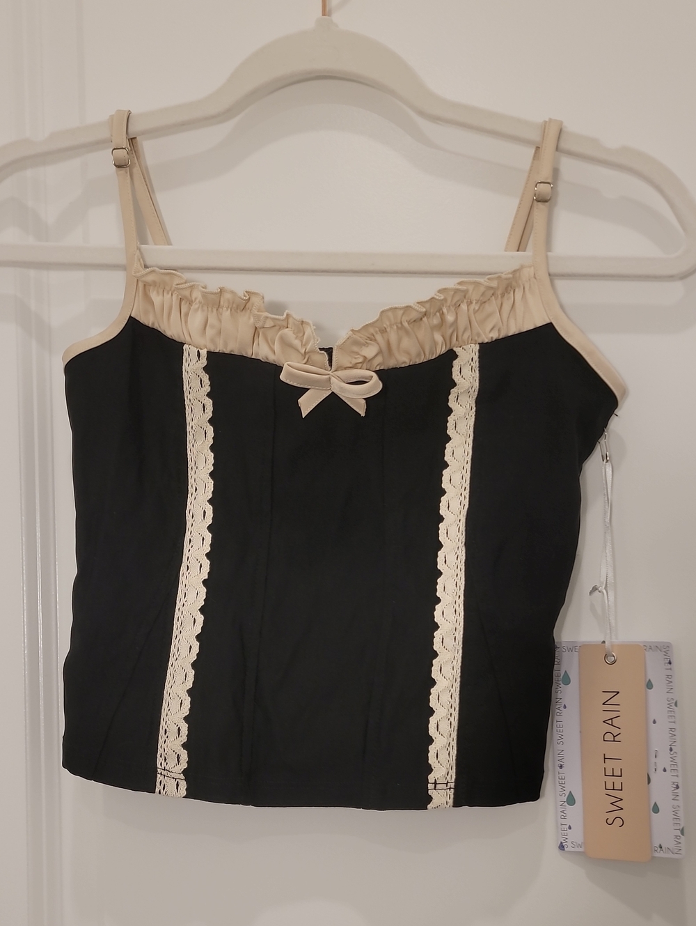 Sweet Rain Black Camisole with Cream Lace Trim and Bow